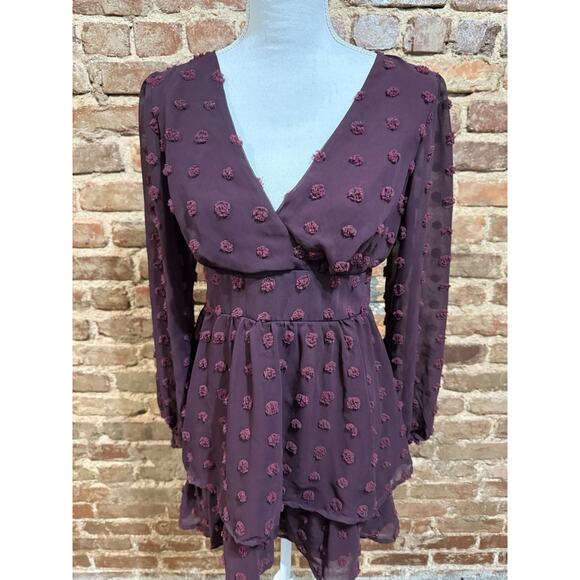 Speechless Dress Burgundy Size 7 Y2K Vibe Swiss Polka Dot Sheer sleeves Ruffles - Picture 2 of 12